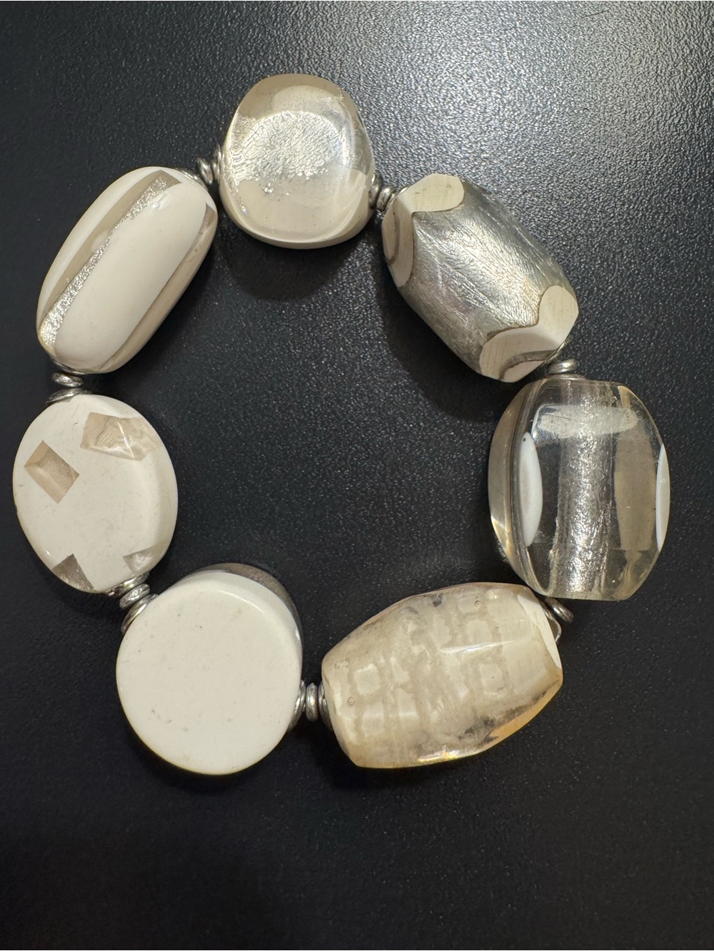 Chunky Ivory Clear & Silver Tone Acrylic Statement Stretch Bracelet